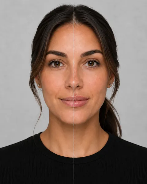 Before-and-after lip filler simulation on a model photo