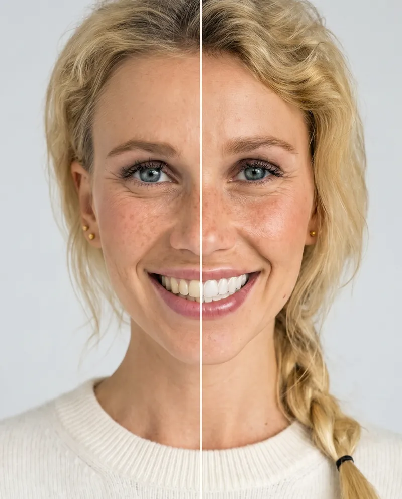 Pre-rendered teeth whitening simulation on a model photo: before on the left, after on the right.