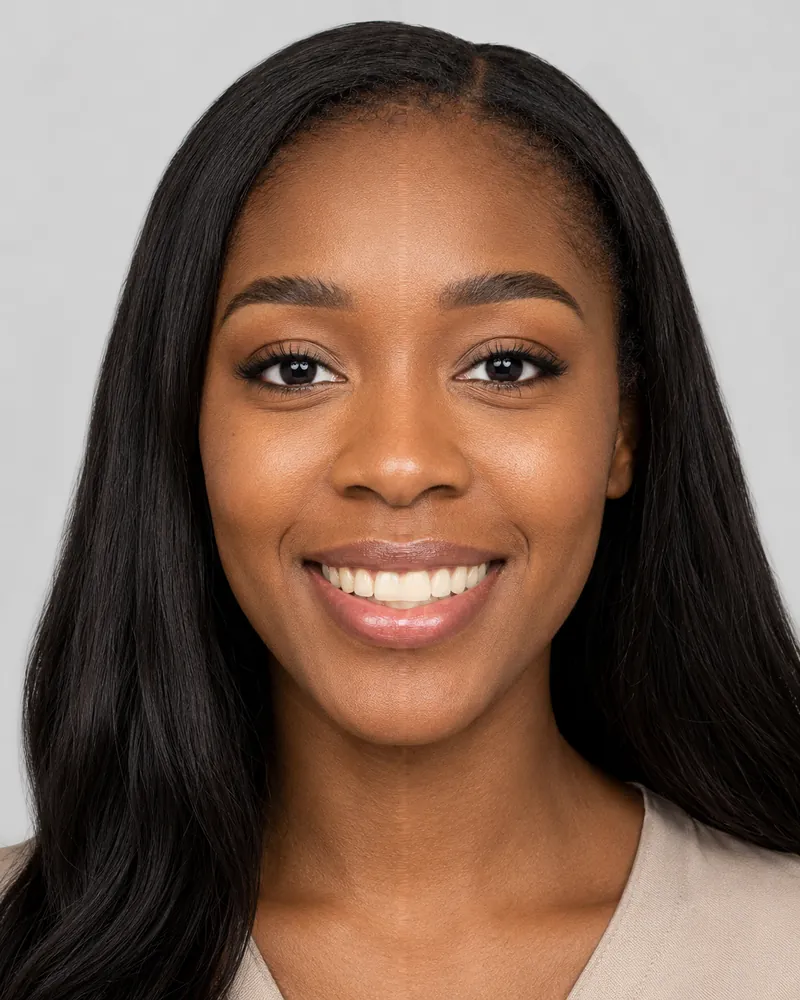 Pre-rendered teeth whitening simulation on a model photo: before on the left, after on the right.