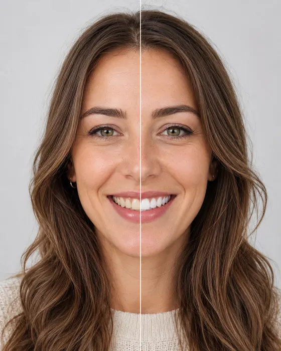 Maya Rodriguez’s whitening simulation: her natural smile on the left, the B1 shade on the right