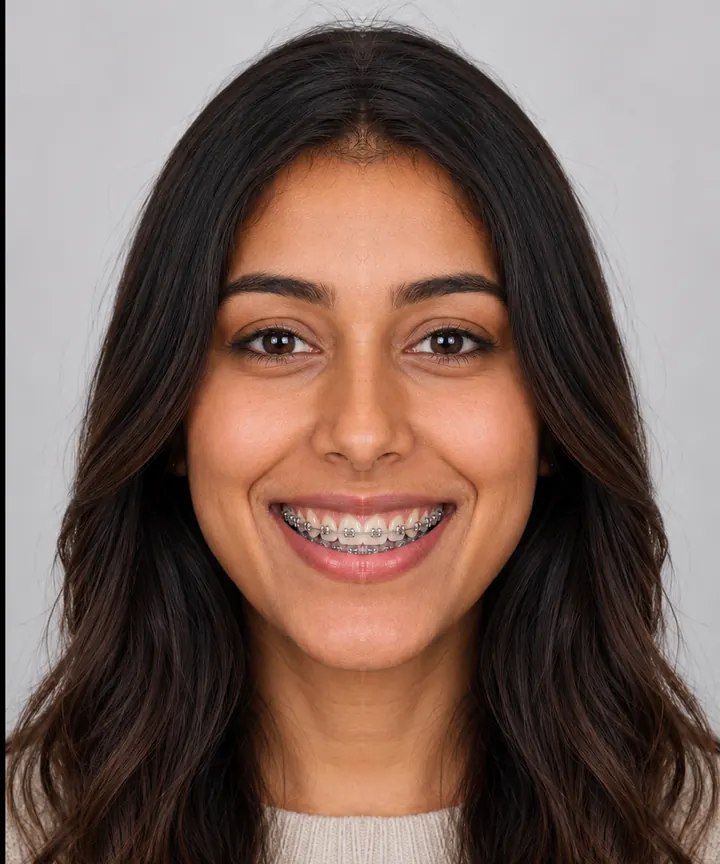 Illustrative braces simulation: the same patient’s smile without braces (left) and with metallic braces (right)