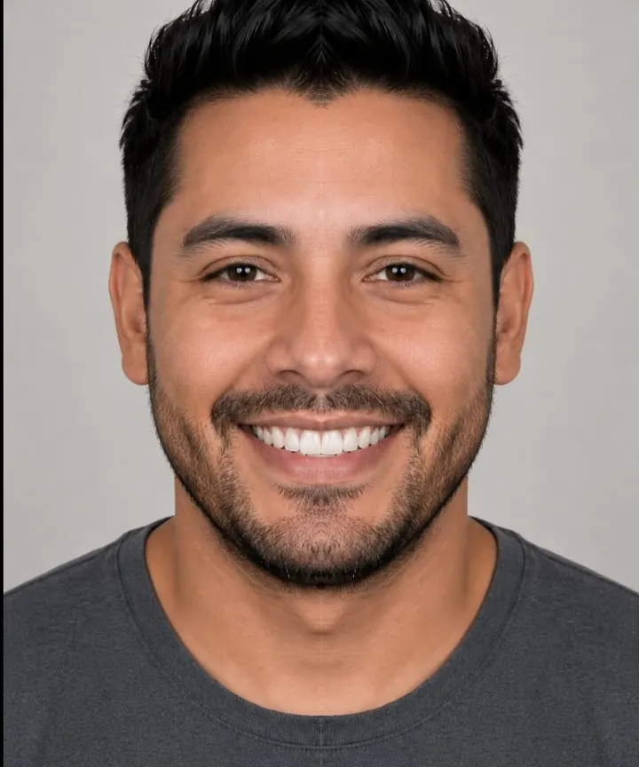 Illustrative missing-teeth simulation: the same patient’s smile with a gap (left) and with the gap filled (right)