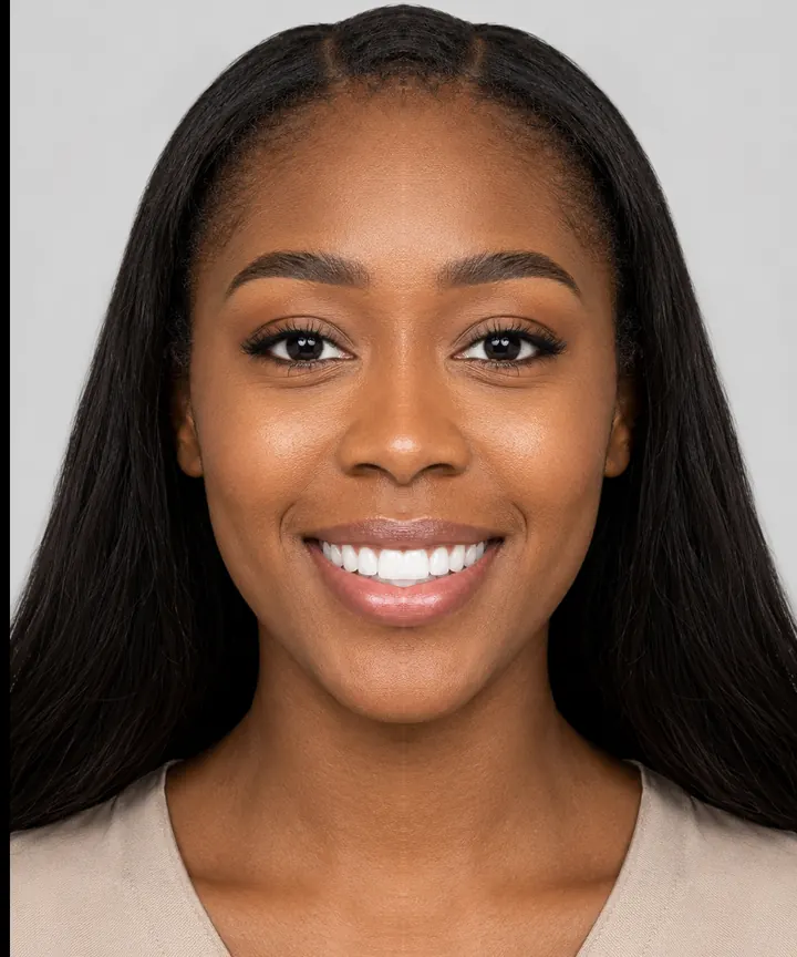 Illustrative whitening simulation: the same patient’s smile before (left) and after (right) a whiter shade