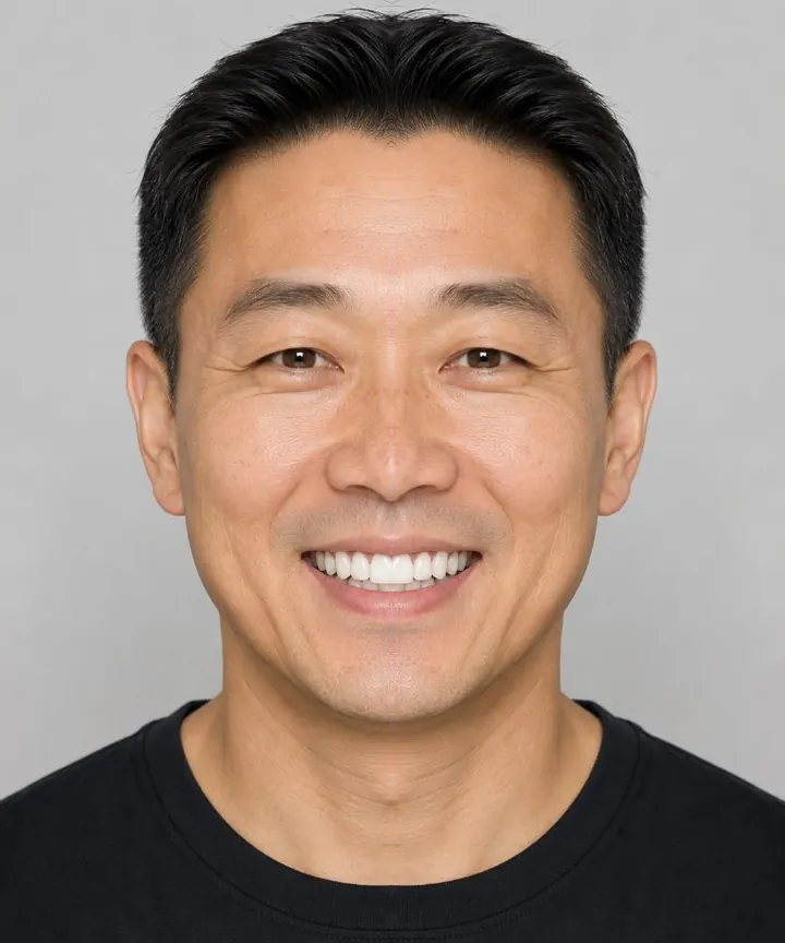 Illustrative veneers simulation: the same patient’s smile before (left) and with veneers (right)